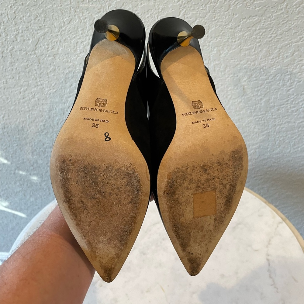 Bruno Magli Italy Black Leather Slingback Heels Gold Heel Pointed Toe 36 - Picture 3 of 9
